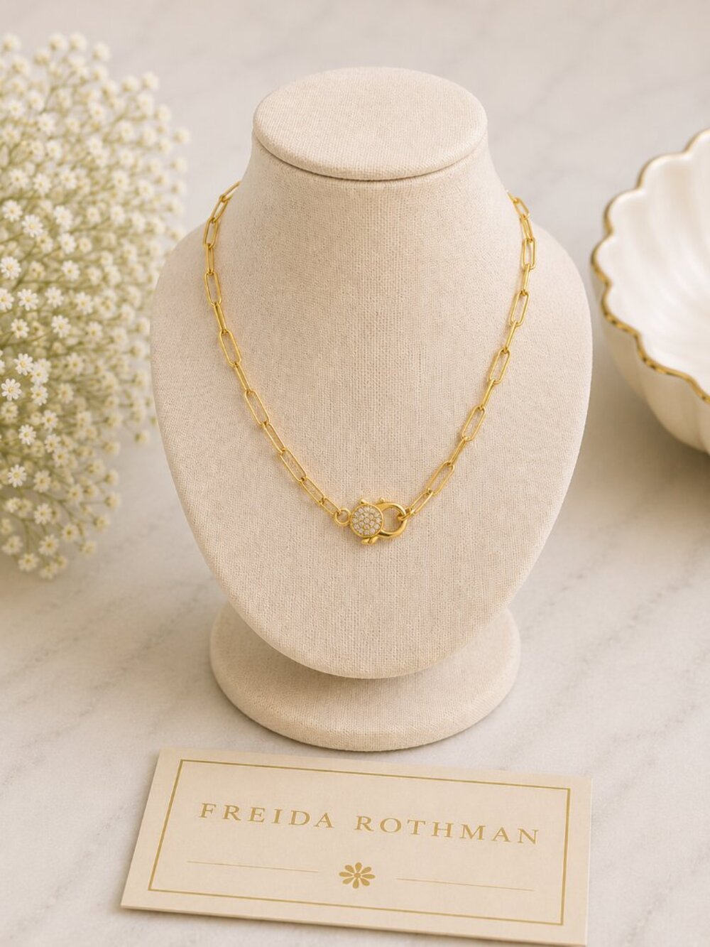 Freida Rothman Gold Paperclip Chain Necklace with Pavé Clasp NWT $125 MSRP